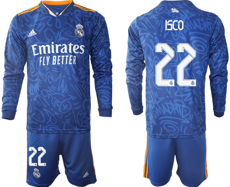 Men 2021-2022 Club Real Madrid away blue Long Sleeve #22 Soccer Jersey